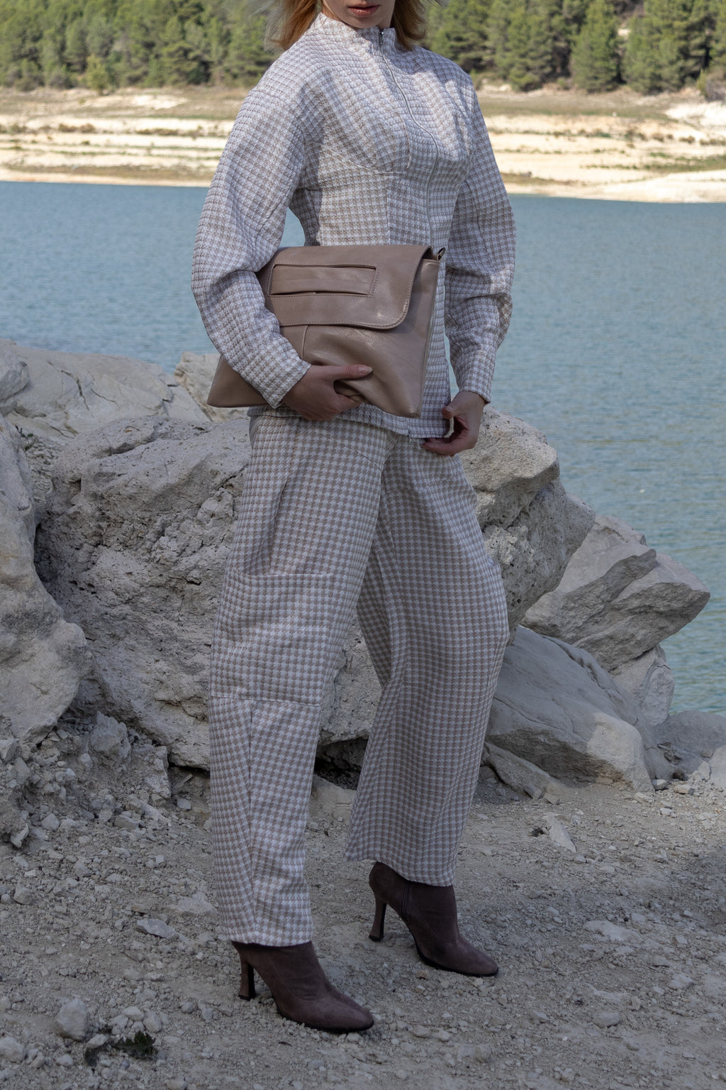 Set of casual plaid tweed jacket and trousers