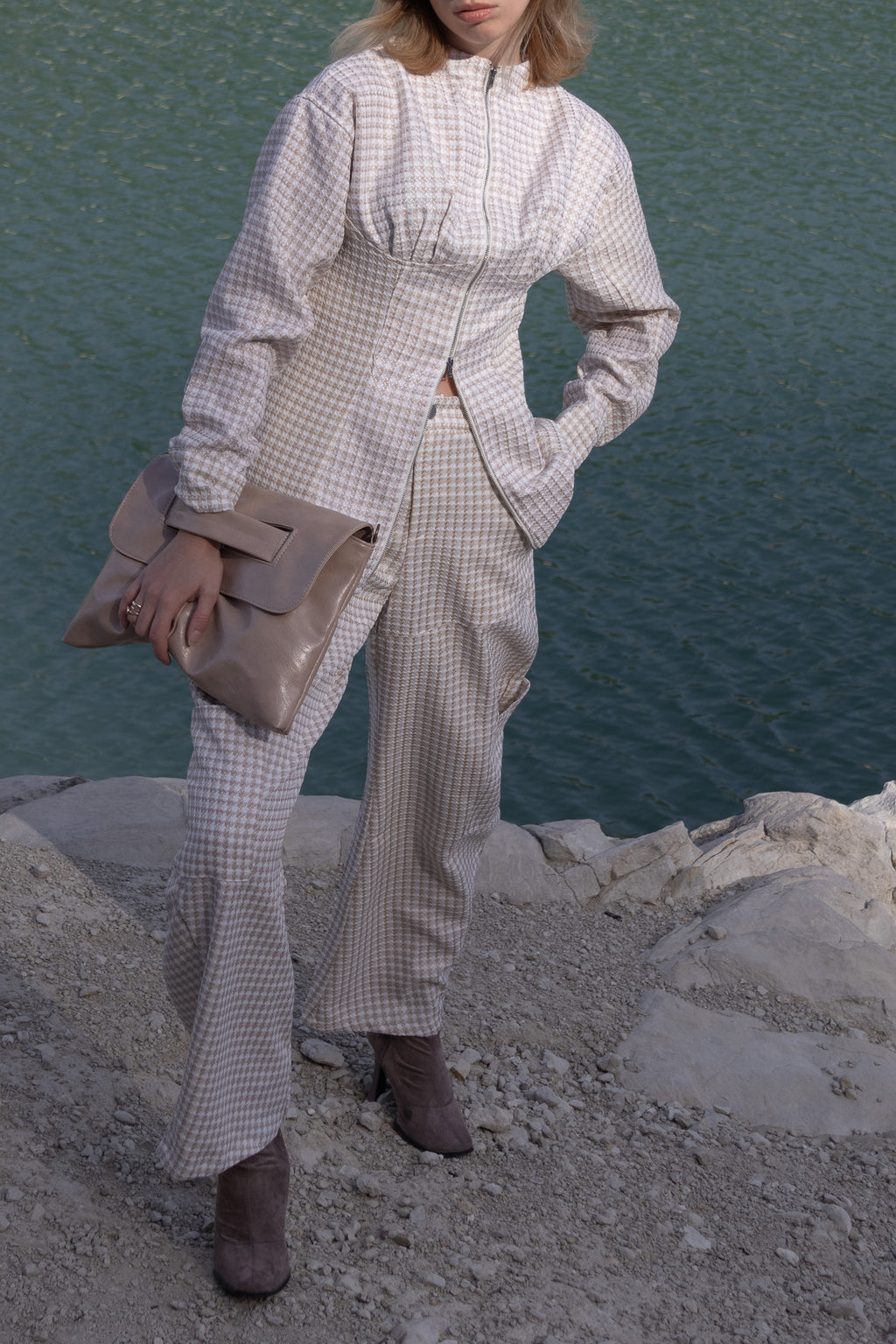 Set of casual plaid tweed jacket and trousers