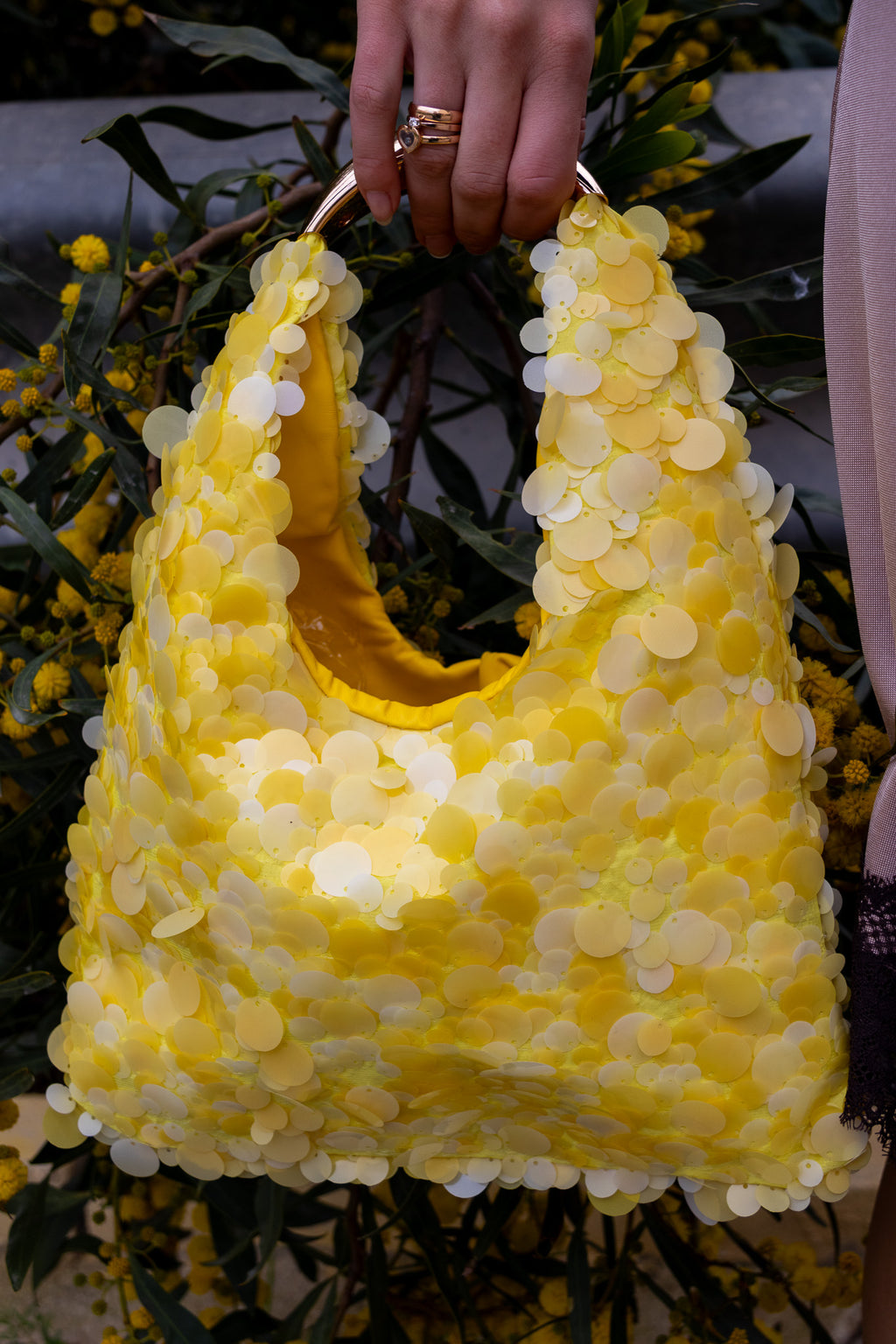 Yellow sequined asymmetrical tote bag