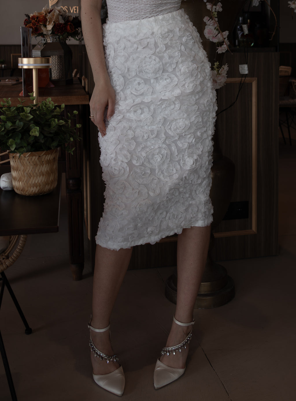 White Skirt with 3D Roses