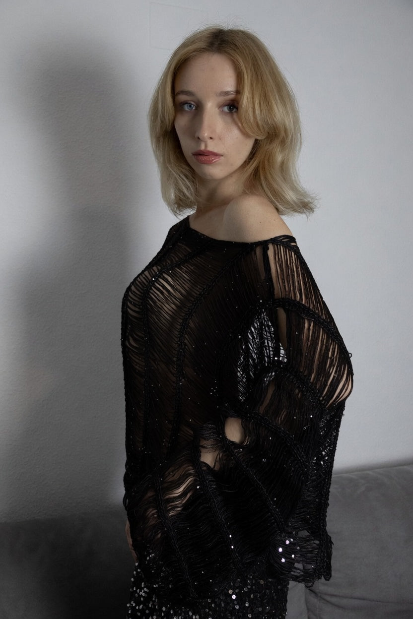 Black Sequin Mesh Top