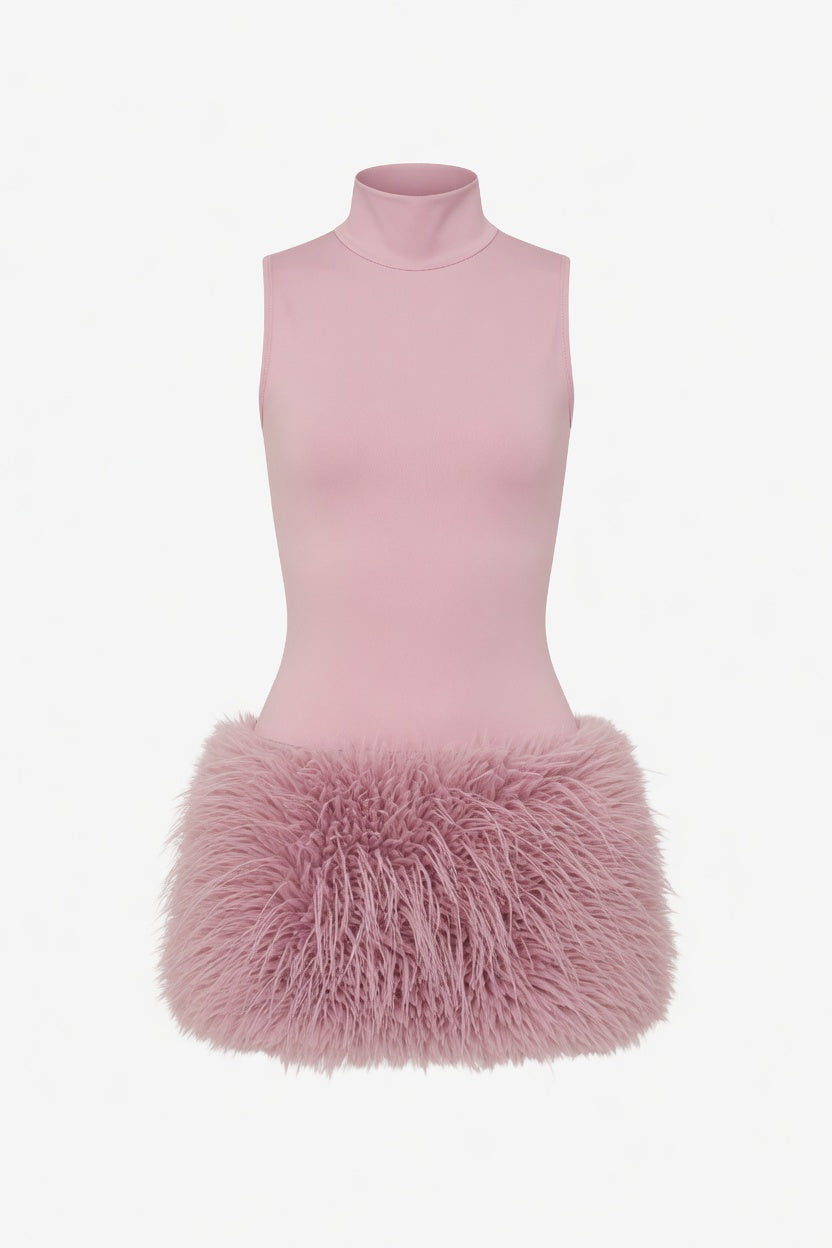 Pink Feather Dress with a High Neck