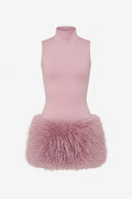 Pink Feather Dress with a High Neck