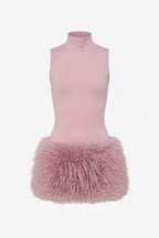 Pink Feather Dress with a High Neck