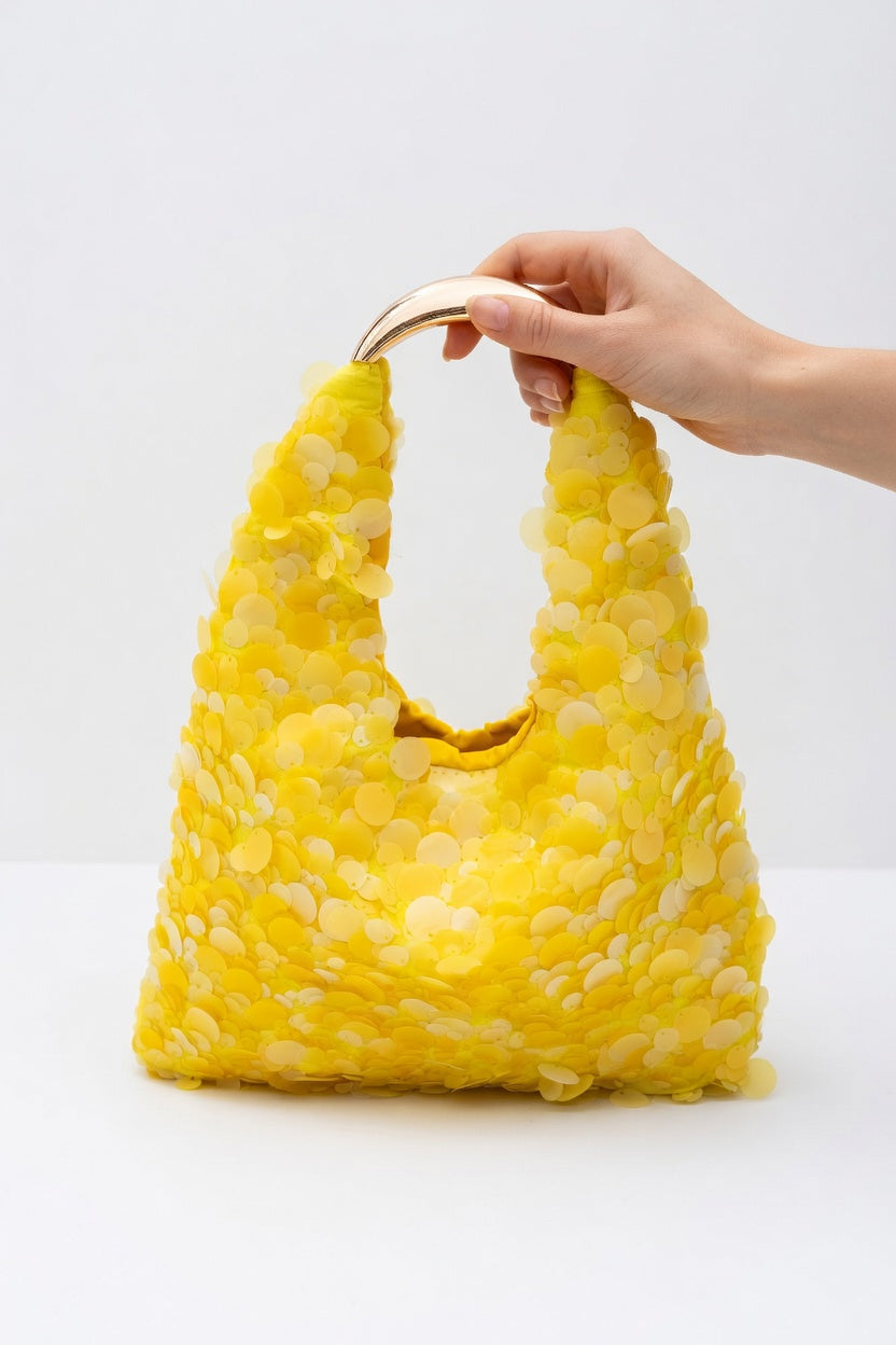 Yellow sequined asymmetrical tote bag
